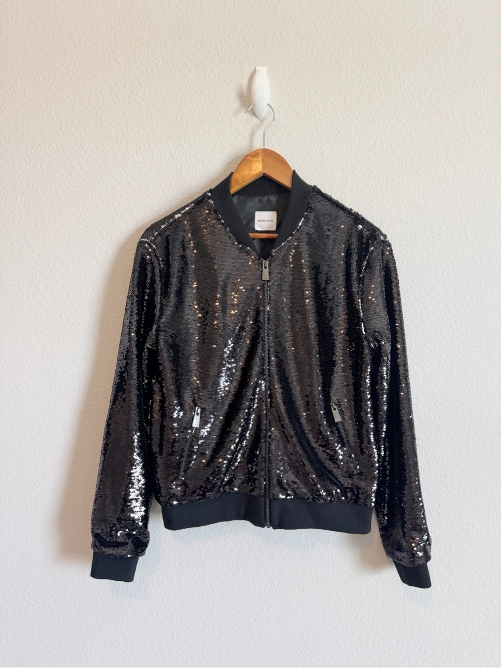 Anine Bing Black Sequin Party Bling Bomber Jacket Size Small